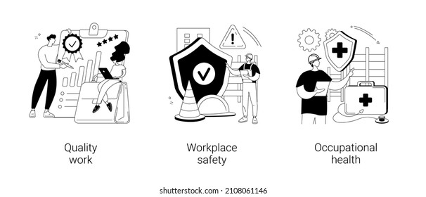 Working environment abstract concept vector illustration set. Quality work, workplace safety, occupational health, employee performance, workplace assessment, injury prevention abstract metaphor.