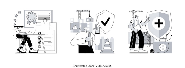 Working environment abstract concept vector illustration set. Quality work, workplace safety, occupational health, employee performance, workplace assessment, injury prevention abstract metaphor.