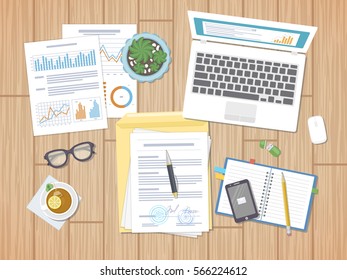 Working environment, business concept, work days, agreement, strategy, analysis, audit. Charts, diagrams, graphs and forms. Desktop with documents, laptop, notebook, glasses, tea, phone, pot. Vector.