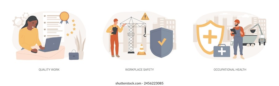 Working environment isolated concept vector illustration set. Quality work, workplace safety, occupational health, employee performance, workplace assessment, injury prevention vector concept.