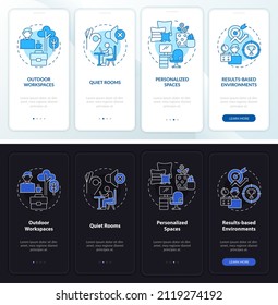 Working environment night and day mode onboarding mobile app screen. Walkthrough 4 steps graphic instructions pages with linear concepts. UI, UX, GUI template. Myriad Pro-Bold, Regular fonts used