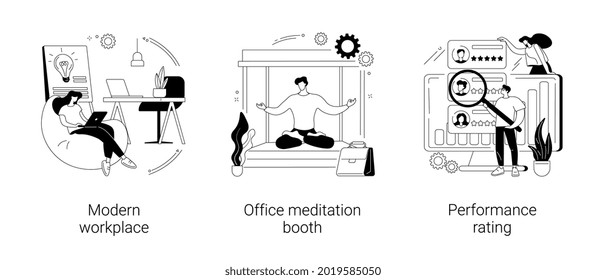 Working Environment And Productivity Abstract Concept Vector Illustration Set. Modern Workplace, Office Meditation Booth, Performance Rating, Employee Happiness And Wellbeing Abstract Metaphor.