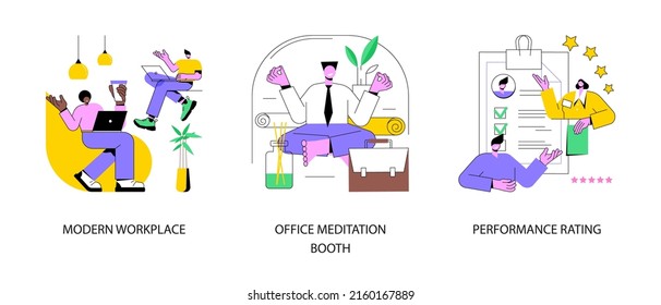 Entorno de trabajo y conjunto de ilustraciones vectoriales de concepto abstracto de productividad. Lugar de trabajo moderno, cabina de meditación de oficina, índice de rendimiento, felicidad de los empleados y metáfora abstracta de bienestar.