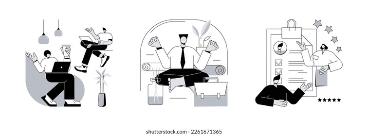 Working environment and productivity abstract concept vector illustration set. Modern workplace, office meditation booth, performance rating, employee happiness and wellbeing abstract metaphor.