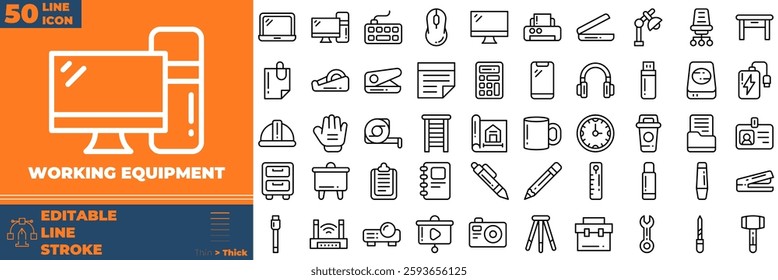 Working Equipment Line Editable Icons set. Vector illustration in modern thin line style of working equipment icons: Construct, worker, tools, machines, etc
