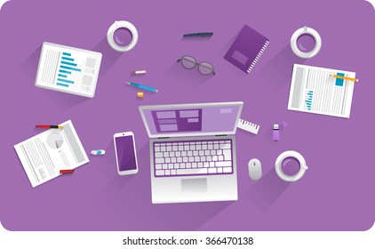 Working equipment on desk, computer , mobile phone, tablet, paper, documents, pencils and coffee. Isolated objects.