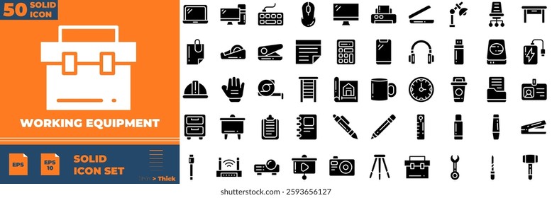 Working Equipment Solid Editable Icons set. Vector illustration in modern thin solid style of working equipment icons: Construct, worker, tools, machines, etc