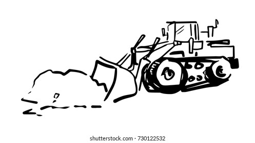 Working excavator black and white vector sketch. Excavator raking a dirt pile with a bucket