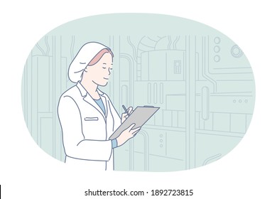 Working in factory or plant concept. Young positive woman cartoon character in white uniform standing in production factory room or warehouse and making notes about products vector illustration 