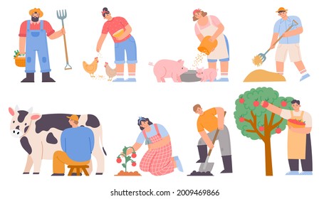 Working farmers. Agricultural worker milk cow, feed chickens and pigs, harvesting apples and planting. Cartoon farm woman and man vector set. Illustration farmer worker, chicken and agriculture