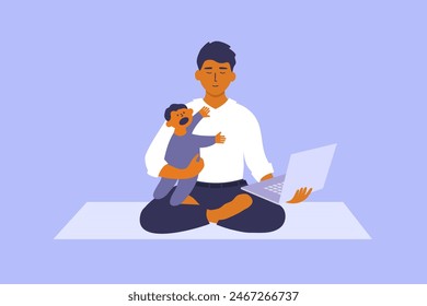 Working father with crying baby. Male meditating sitting yoga pose holding small child and laptop in hand. Work life balance of man on maternity leave. Young dad healthy wellbeing vector illustration