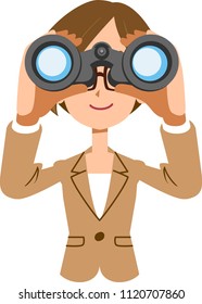 Working female business woman looking into binoculars
