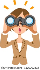 
Working female business woman looking into binoculars and noticing something
