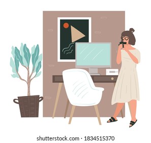 Working female character at workplace, woman standing by table with computer. Designer or freelancer working from home, lady looking at gadget of smartphone business develop. Vector in flat style