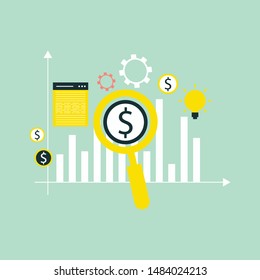 Working with financial papers. Accounting concept. Organization process, analytics, research, planning, report, market analysis. Flat style vector
