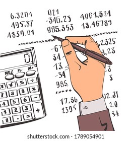 Trabajar con documentos financieros. Concepto contable. Proceso de organización, análisis, investigación, planificación, informe, análisis de mercado. Comprobando informe financiero. Calculadora y bolígrafo en mano.