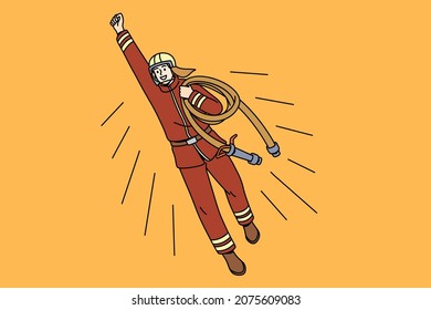 Working as fireman hero concept. Young smiling man cartoon character fireman flying above with hand up over yellow background vector illustration 