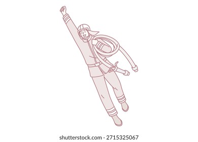Arbeiten als Feuerwehrhelden Konzept. Junger lächelnder Mann Cartoon-Charakter Feuerwehrmann fliegen oben mit der Hand auf gelbem Hintergrund Vektorgrafik