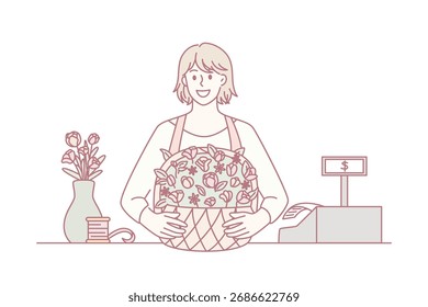 Working as florist at store concept. Young smiling woman cartoon character standing at store with bouquet during her florist work vector illustration