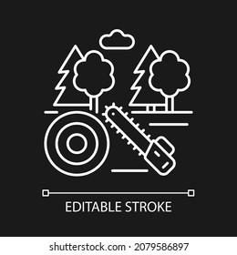 Working forest white linear icon for dark theme. Lumber industry. Deforestation. Timber production. Thin line customizable illustration. Isolated vector contour symbol for night mode. Editable stroke