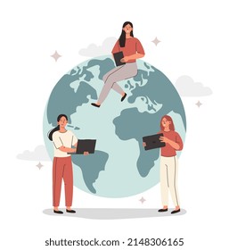 Working or freelance. Girls with laptops near globe, internet and digital world. Online earnings concept, women perform tasks remotely, comfortable workplace. Cartoon flat vector illustration