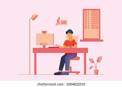 Working in front of the computer. Work from home. 