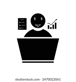 working in front of a laptop watching profits rise with the dollar. flat black and white style design. Suitable for use as report icons, income increases, content, etc. vector design template