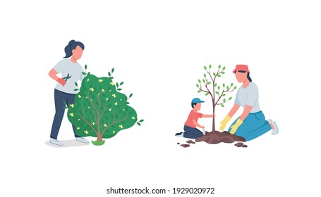 Trabajar en un juego de caracteres sin rostro vectorial de color plano de jardín. Madre y niño cultivan árboles. Arbusto. Trabajo de primavera en ilustraciones cartográficas aisladas de patio para diseño gráfico web y colección de animación