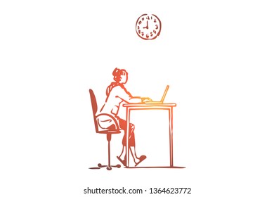 Working, girl, computer, internet, job concept. Hand drawn start of working day, girl works with computer concept sketch. Isolated vector illustration.