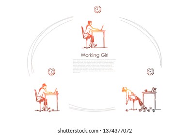 Working girl - girl sitting with laptop, working and becoming exhausted vector concept set