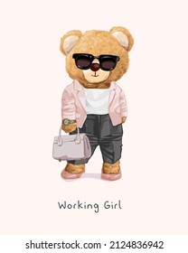 working girl slogan with cute bear doll in working woman style vector illustration