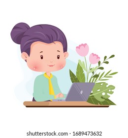 Concepto de caracteres de escritura de chica trabajadora. Ilustración vectorial trabajando desde casa.
