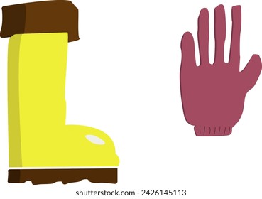 Guantes y botas de trabajo, dibujados a mano (con sombras), un poco de estilo, bueno para la jardinería, ingeniería, hogar y otros trabajos.
