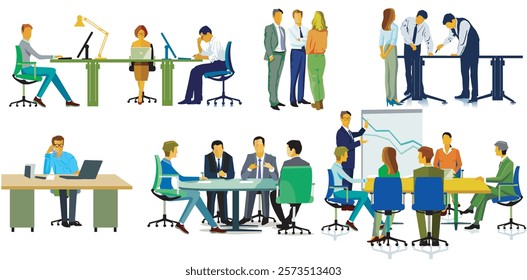 Working groups of people at a meeting. illustration