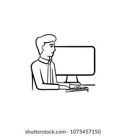 Working guy vector hand drawn outline doodle icon. Guy working on a computer sketch illustration for print, web, mobile and infographics isolated on white background.