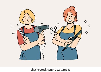 Working as hairdresser in salon concept. Two young smiling girls wearing aprons standing holding working tools in hairdressing salon vector illustration 