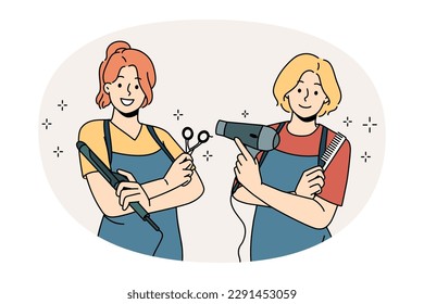 Working as hairdresser in salon concept. Two young smiling girls wearing aprons standing holding working tools in hairdressing salon vector illustration