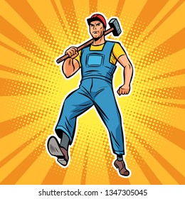 working with hammer employee specialist worker. Comic cartoon pop art vector retro vintage drawing