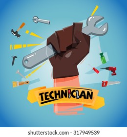Working hand in glove holding wrench. tool icon set. typographic design - vector illustration