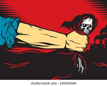 Working hand grasps death in his fist. Illustration done in retro style of the poster.