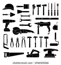 Working hand tools silhouette. Construction and home repair toolkit icons. Workshop hardware, drill, hammer, saw and wrench, vector set. Illustration hammer and carpentry kit to repair and working