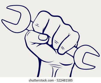 Working hand with wrench silhouette. Labor day icon vector