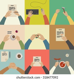  Working hands in flat style. Simple illustration of hands in different positions.