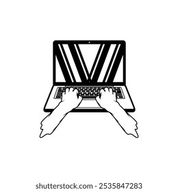 mãos trabalhando digitando na frente de um laptop preto e branco vetor linha arte