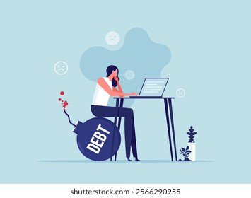 Working hard to earn money to pay off debts, debt pressures, heavy work pressures, financial pressures, businesswoman sitting on debt bomb and trying to work