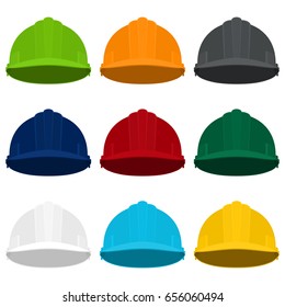 Working Hard Hat in Nine Colors, Multicolored Safety Helmets on a Light Background , Vector Illustration