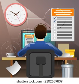 working hard, a man working at the computer, Vector illustration.