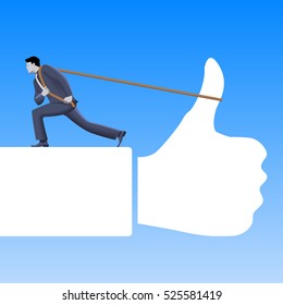 Working hard to meet expectations business concept. Confident businessman in business suit pushing hard the rope connected to thumb raised in a sign of approval. Positive response