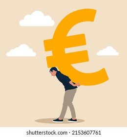 Working hard for money, effort to earn more salary or investment profit, tax burden or financial problem and difficulty concept, overworked businessman drag big euro sign money back from work.