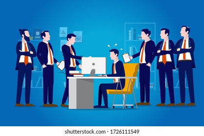 Working hard - Overworked man at desk in office with nagging people feeling pressure. Workplace stress concept with man exhausted and bothered by overloaded work. Business concept vector illustration.